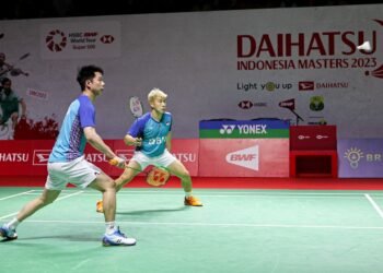 Aksi Marcus/Kevin di Babak 32 Besar Indonesia Masters 2023 (Foto: Okezone)