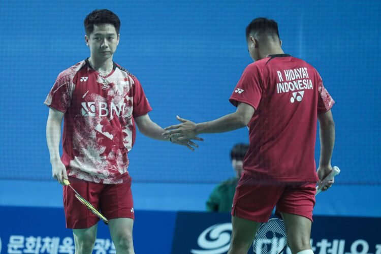 Rahmat Hidayat/Kevin Sanjaya Sukamuljo di Babak 16 Besar Kumamoto Masters 2023 (Foto: PBSI)