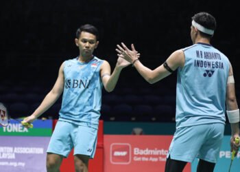 Fajar Alfian/Muhammad Rian Ardianto di Babak Perempat Final Malaysia Open 2024 (Foto: PBSI)